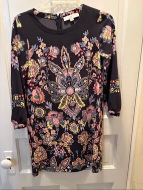 LOFT Black Floral Shift Dress with Pink, Yellow & Blue Paisley Print